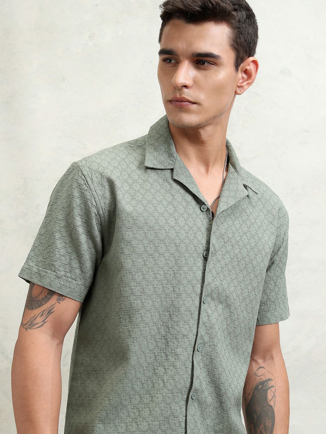 

Highlander Men Olive Dobby Textured Solid Cuban Collar Relaxed Shirt