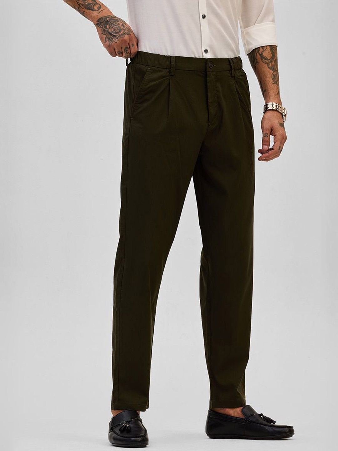 

Snitch Men Smart Slim Fit Pleated Trousers, Olive
