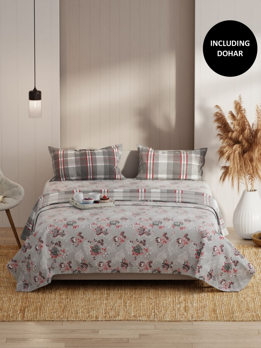

KOPA Grey & Pink 4 Pcs Floral Printed Cotton Queen Comforter & Bedsheet 2 Pillow Covers