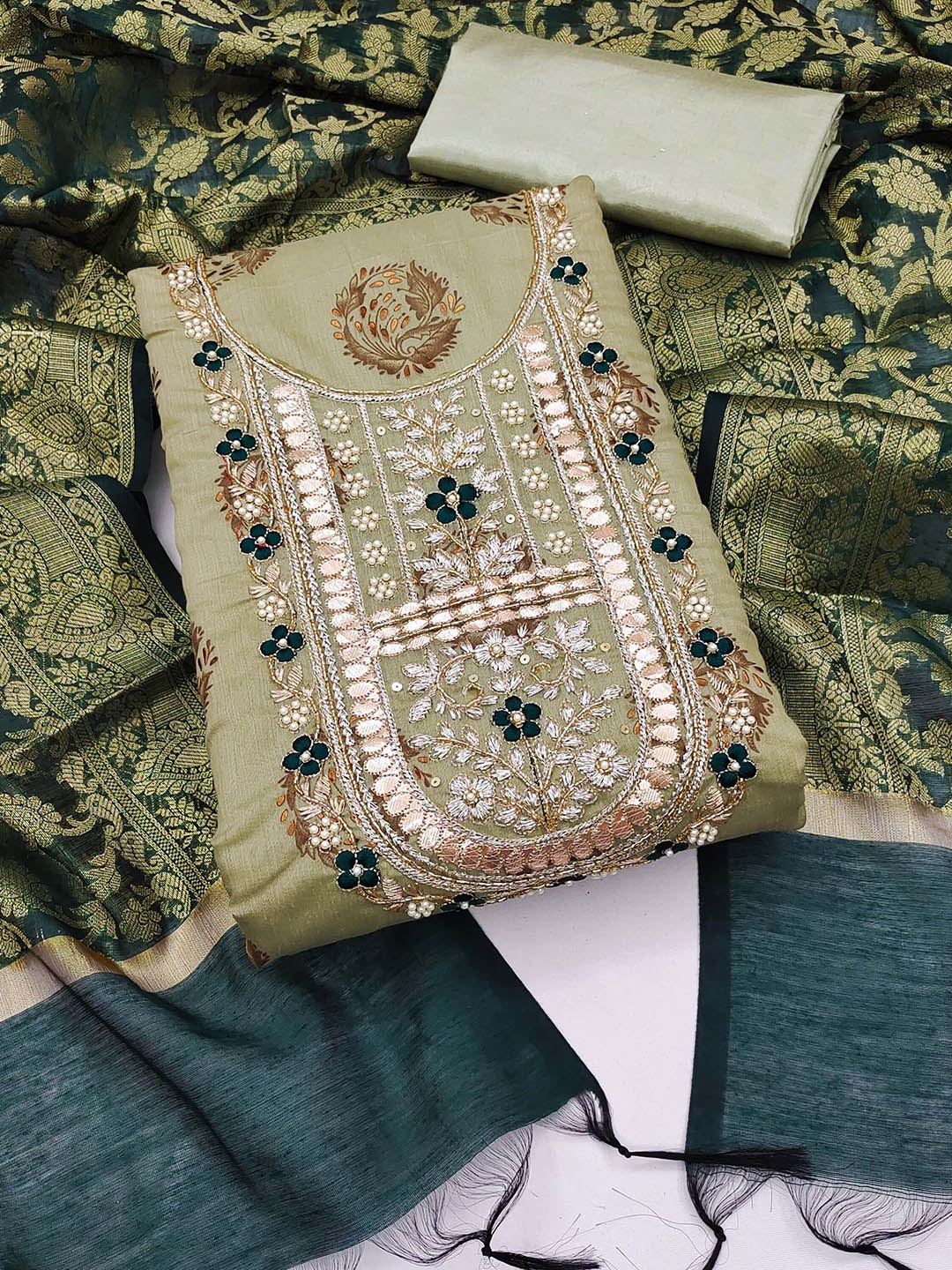 

Maroosh Embellished Unstitched Dress Material, Green