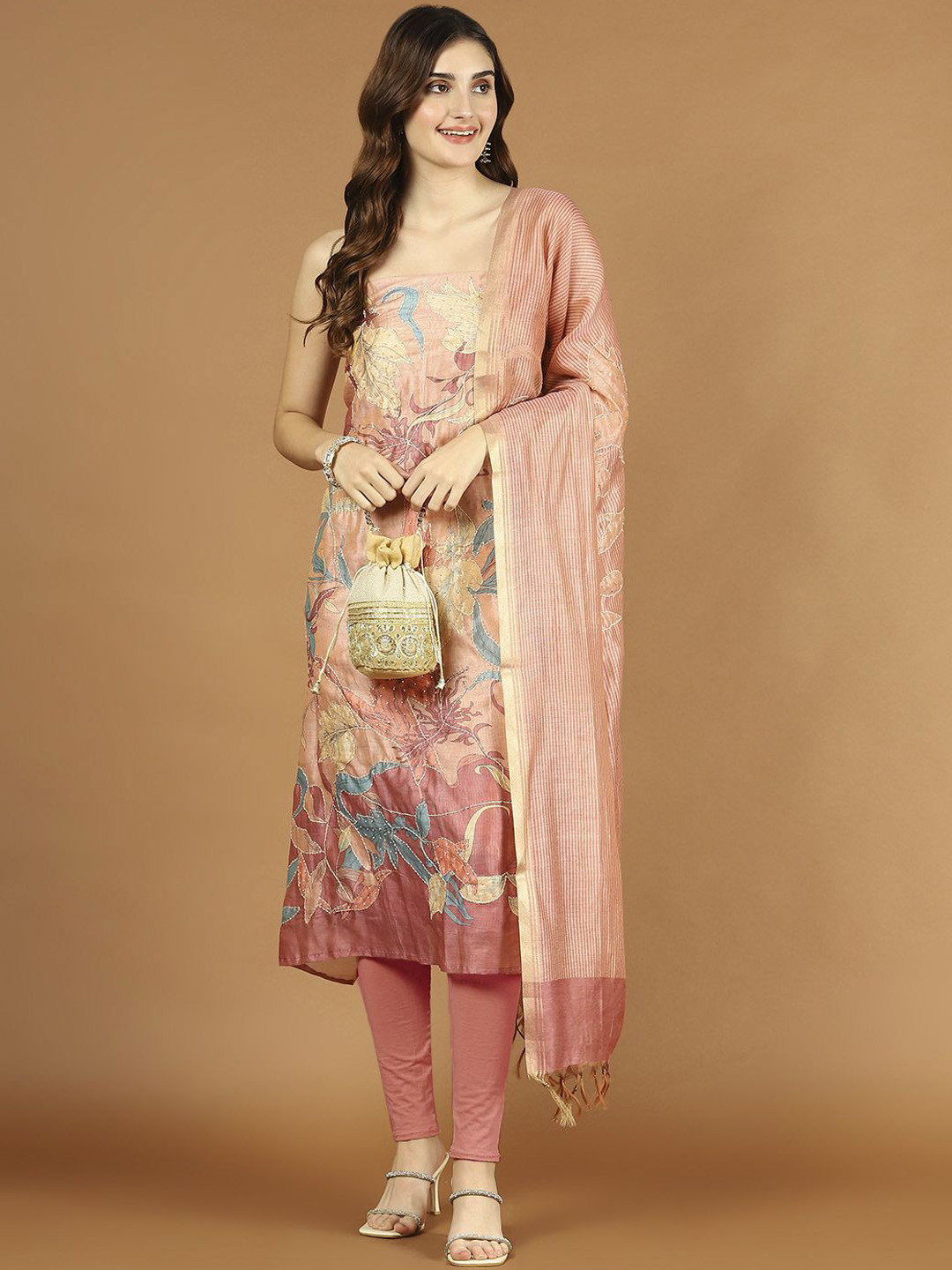 

Meena Bazaar Printed Art Silk Unstitched Dress Material, Pink