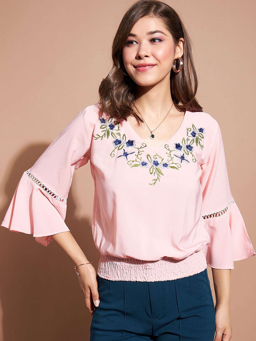

DressBerry Women Floral Embellished Bell Sleeve Blouson Top, Pink