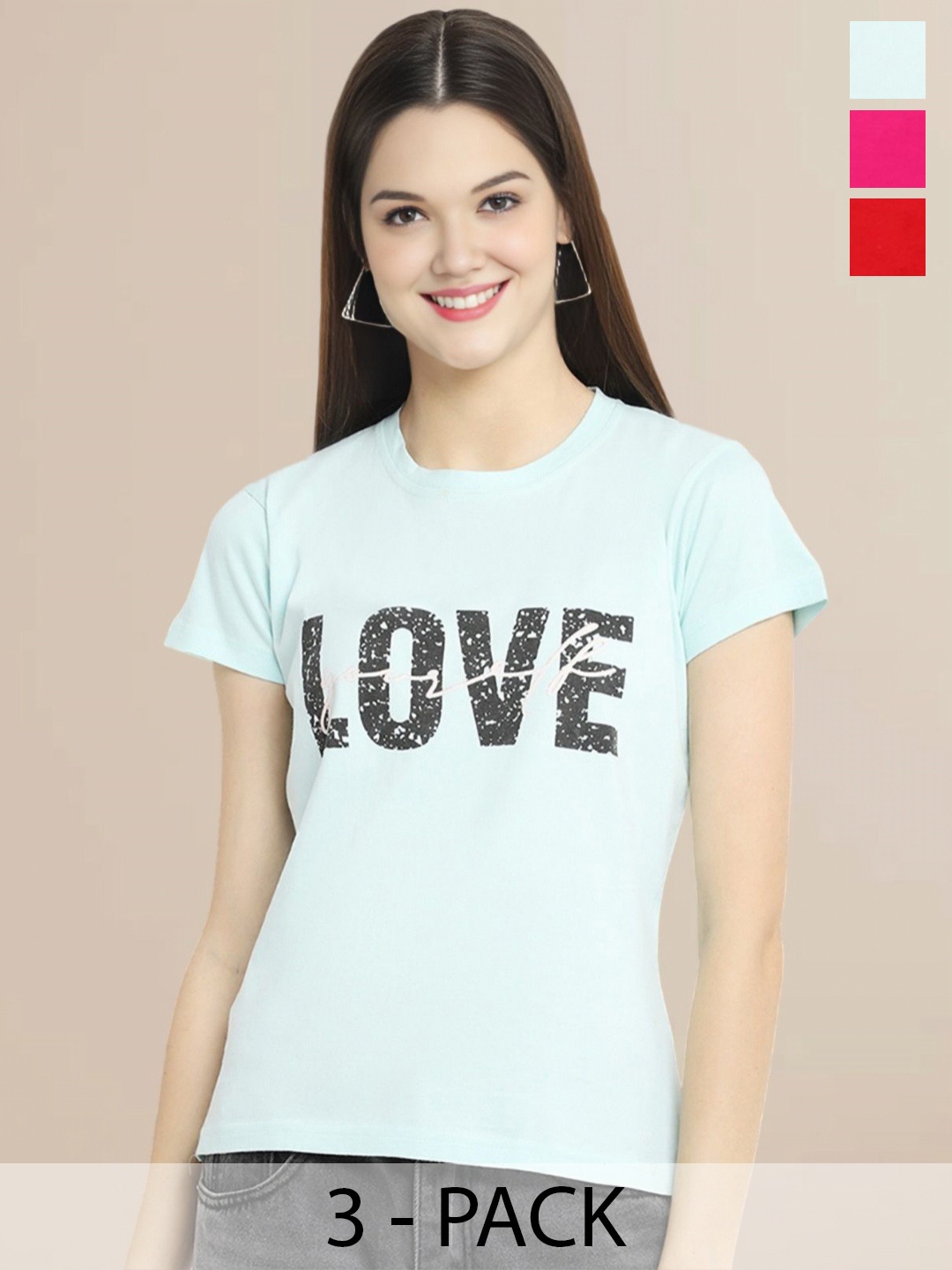 

Metronaut Women Pack Of 3 Typography Printed Round Neck Cotton T-shirts, Pink