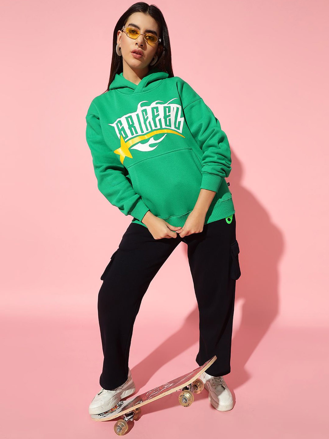 

GRIFFEL Women Printed Pure Cotton Hooded T-shirt & Trousers Co-Ords, Green
