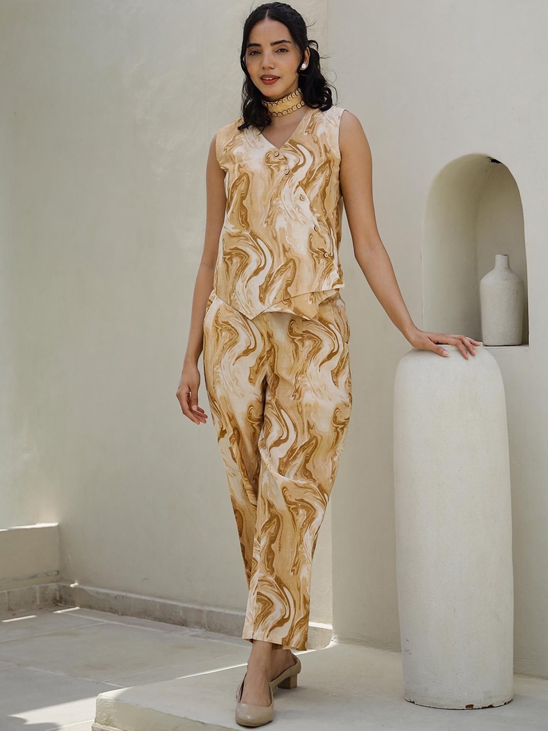 

FLAVIA CREATION V-Neck Printed Pure Cotton Top With Trousers, Brown