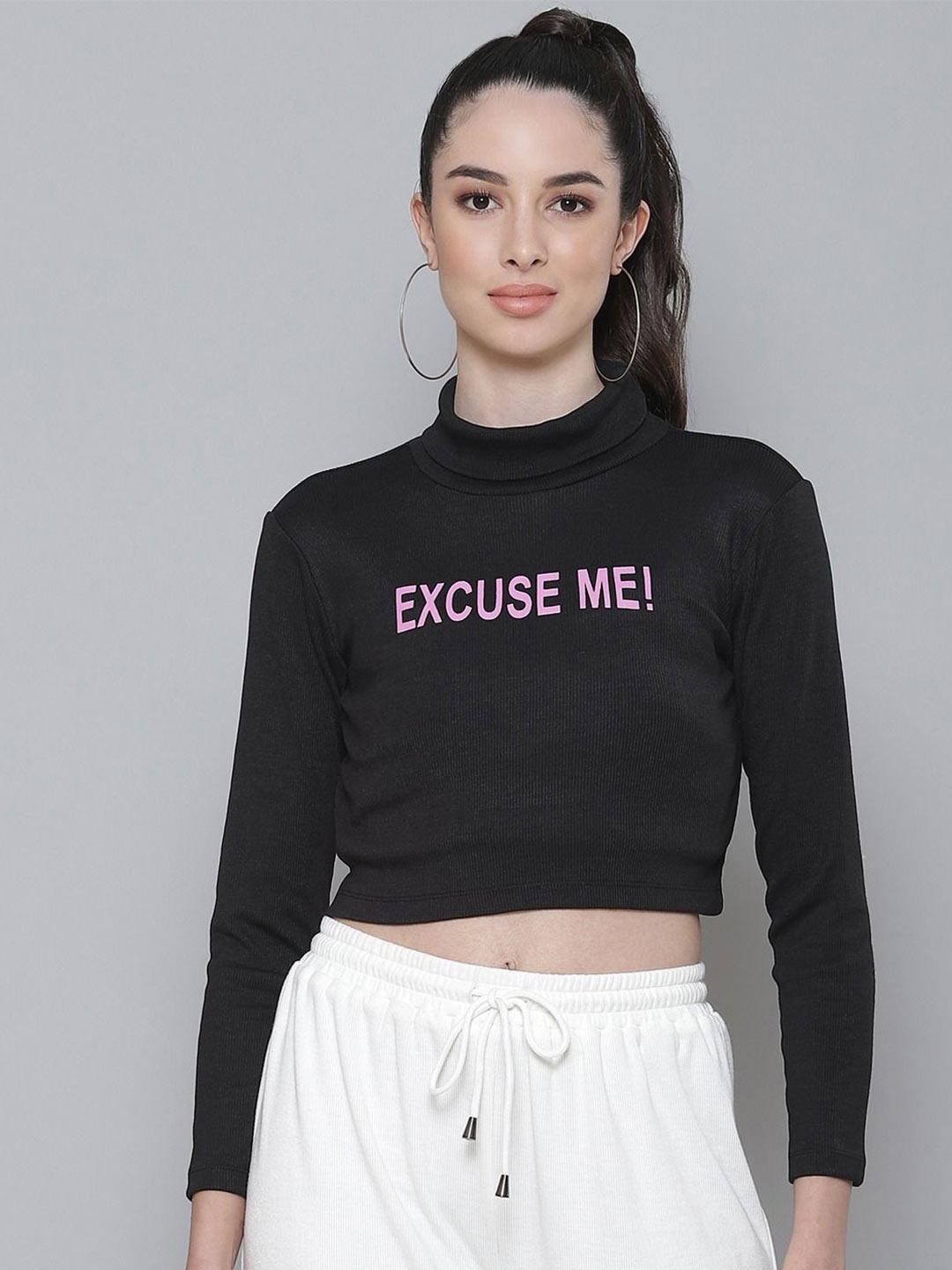

SASSAFRAS Women Typography Printed Turtle Neck Crop Top, Black