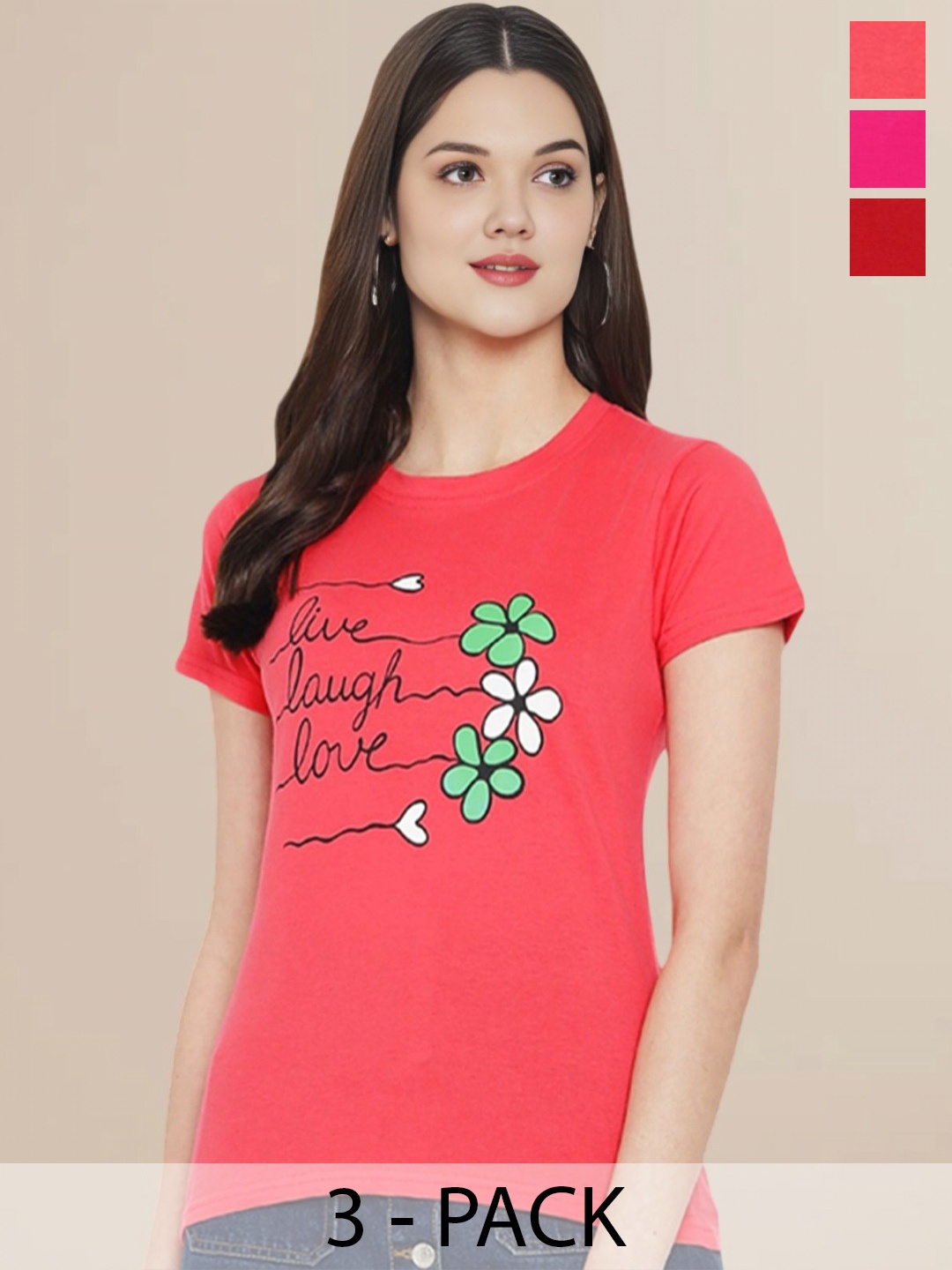 

Metronaut Women Pack Of 3 Typography Printed Round Neck Cotton T-shirts, Pink