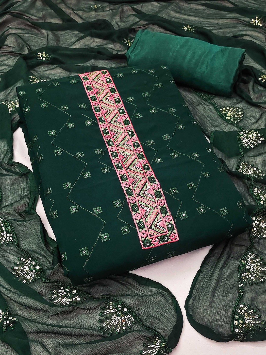 

KALINI Embroidered Silk Georgette Unstitched Dress Material, Green