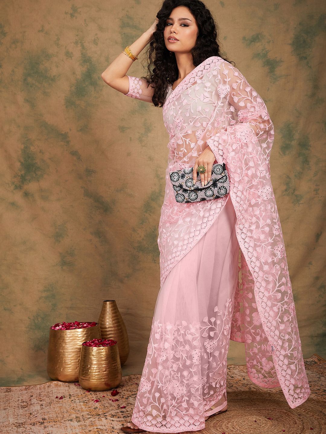 

Suha Embellished Embroidered Supernet Saree, Pink