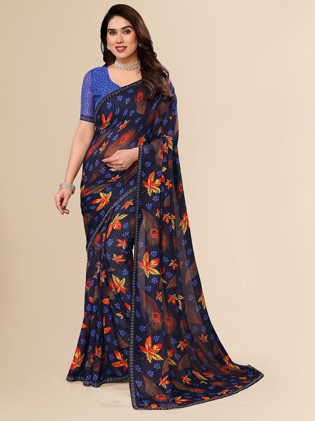 

ANAND SAREES Floral Mukaish Pure Georgette Saree, Blue