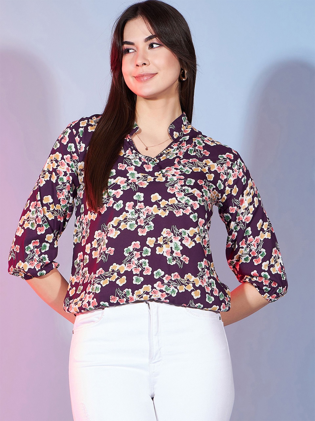 

DressBerry Women Floral Printed Mandarin Collar Shirt Style Top, Maroon