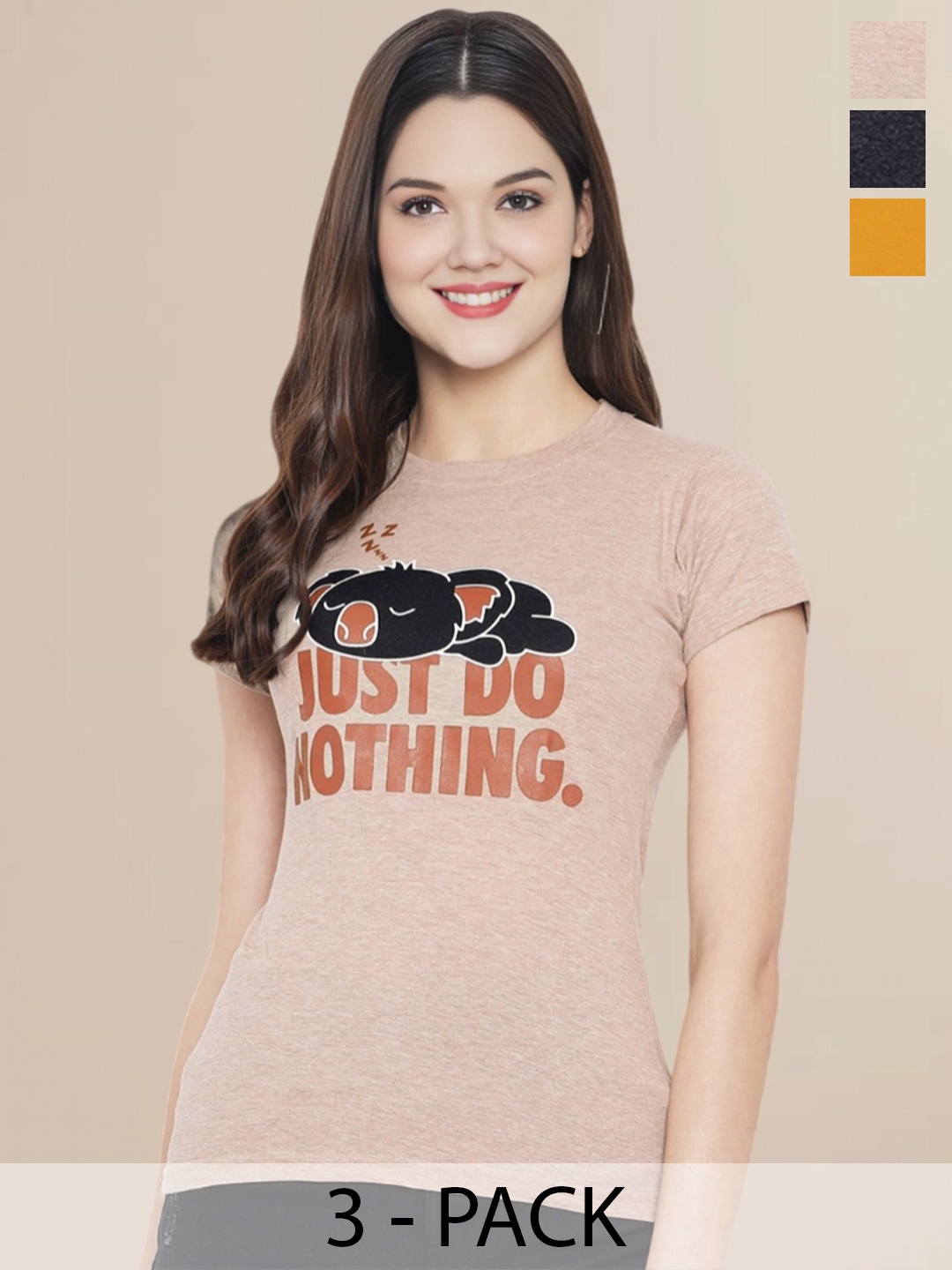 

Metronaut Women Pack Of 3 Typography Printed Round Neck Cotton T-shirts, Charcoal