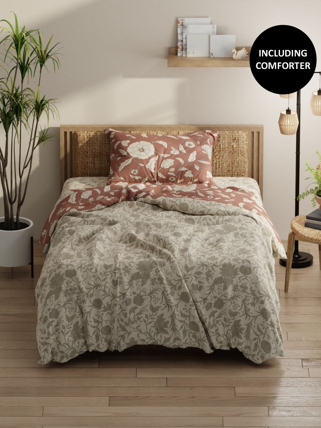 

KOPA Beige & White 3 Pieces Floral Printed Cotton Single Bedding Set