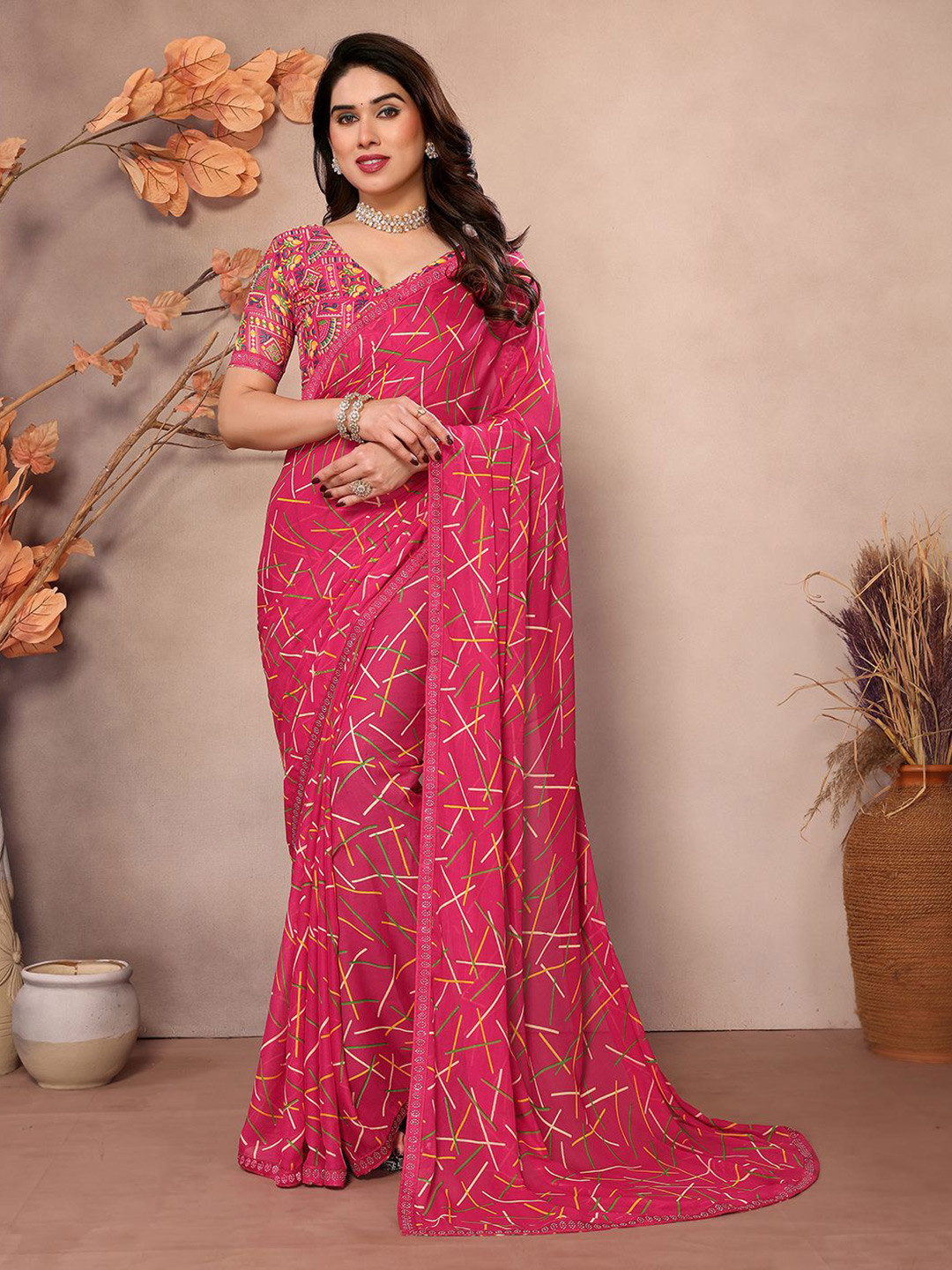 

ANAND SAREES Beads and Stones Pure Georgette Saree, Pink