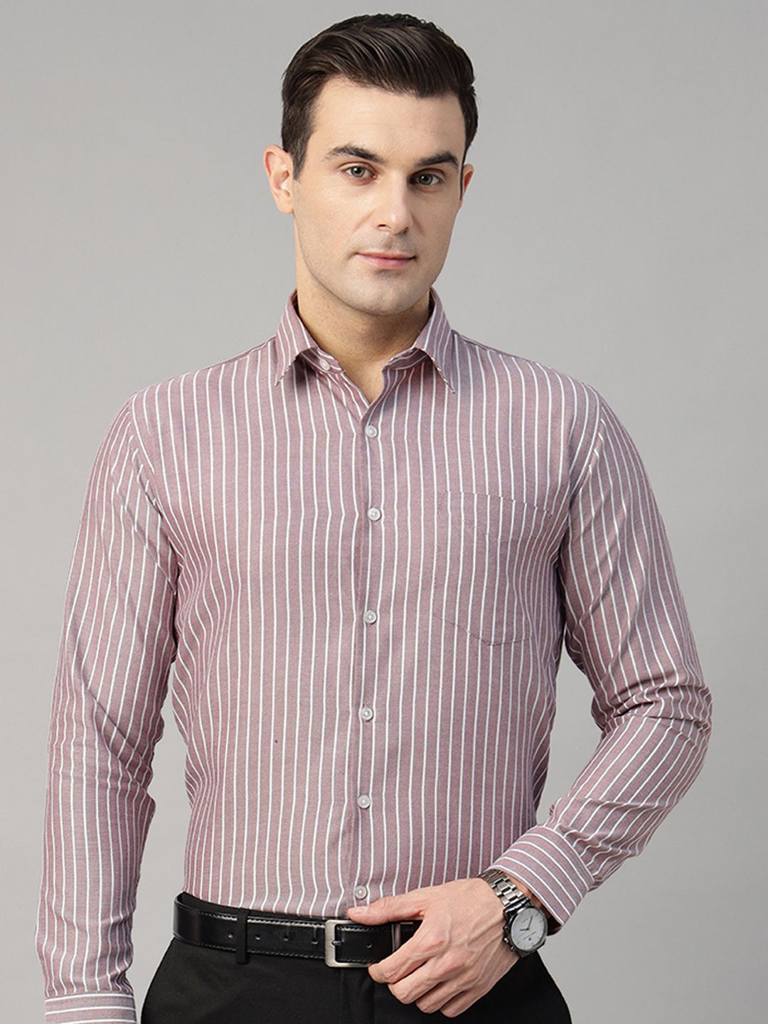 

Hancock Men Standard Slim Fit Opaque Striped Wrinkle Ressistant Formal Shirt, Maroon