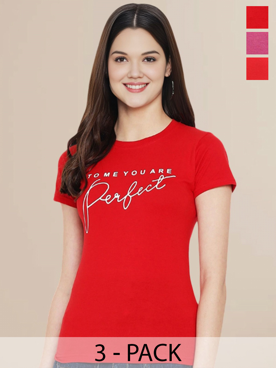 

Metronaut Women Pack Of 3 Typography Printed Round Neck Cotton T-shirts, Red