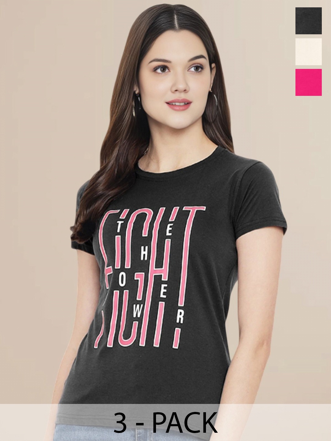 

Metronaut Women Pack Of 3 Typography Printed Round Neck Cotton T-shirts, Pink