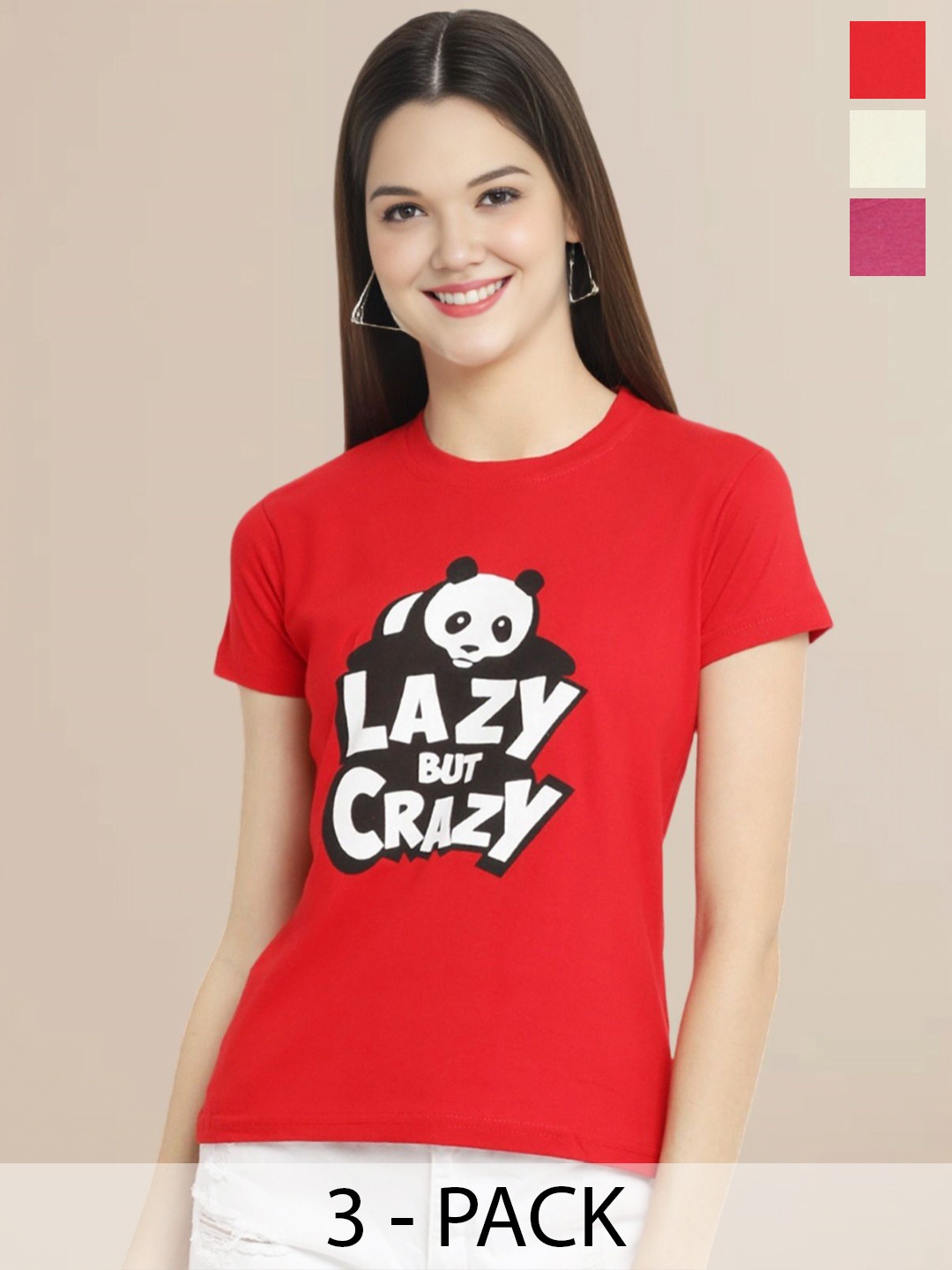 

Metronaut Women Pack Of 3 Typography Printed Round Neck Cotton T-shirts, Red
