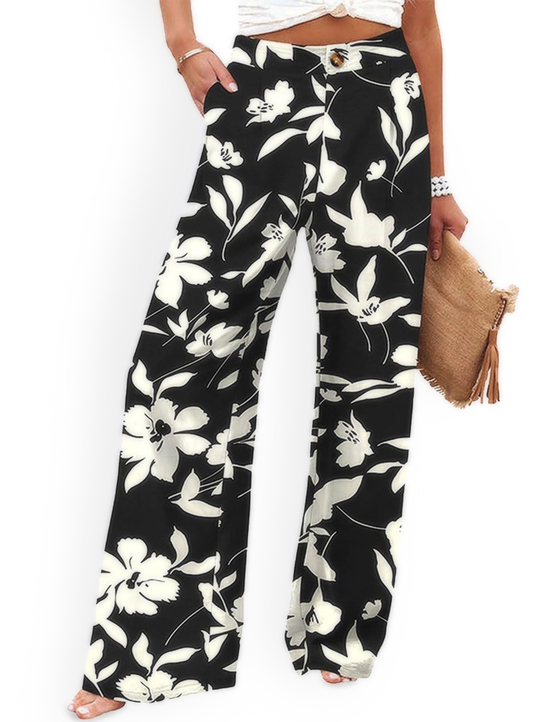 

LULU & SKY Women Floral Printed Loose Fit High-Rise Wide Leg Trousers, Black