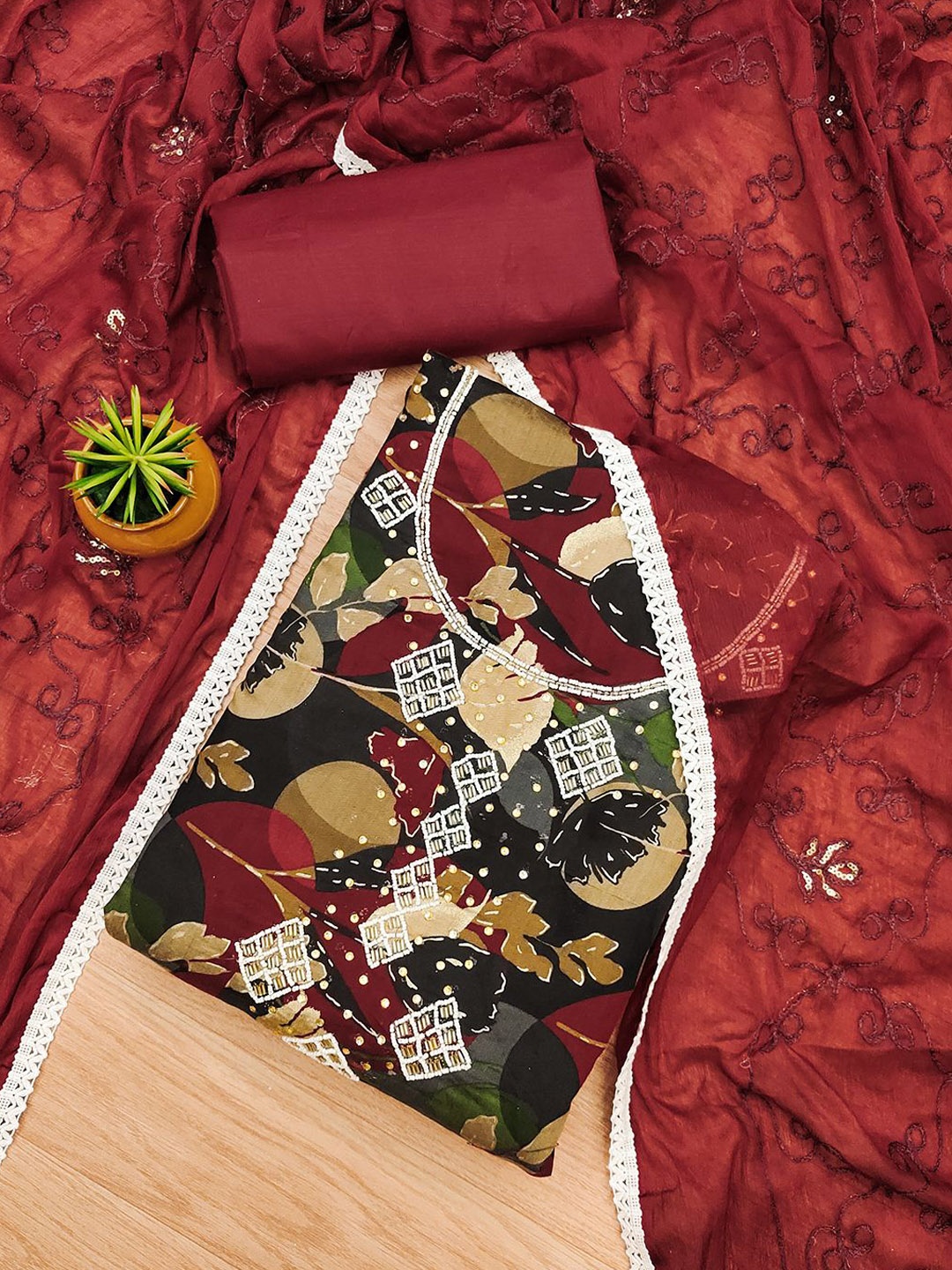 

Lilots Unstitched Dress Material, Red