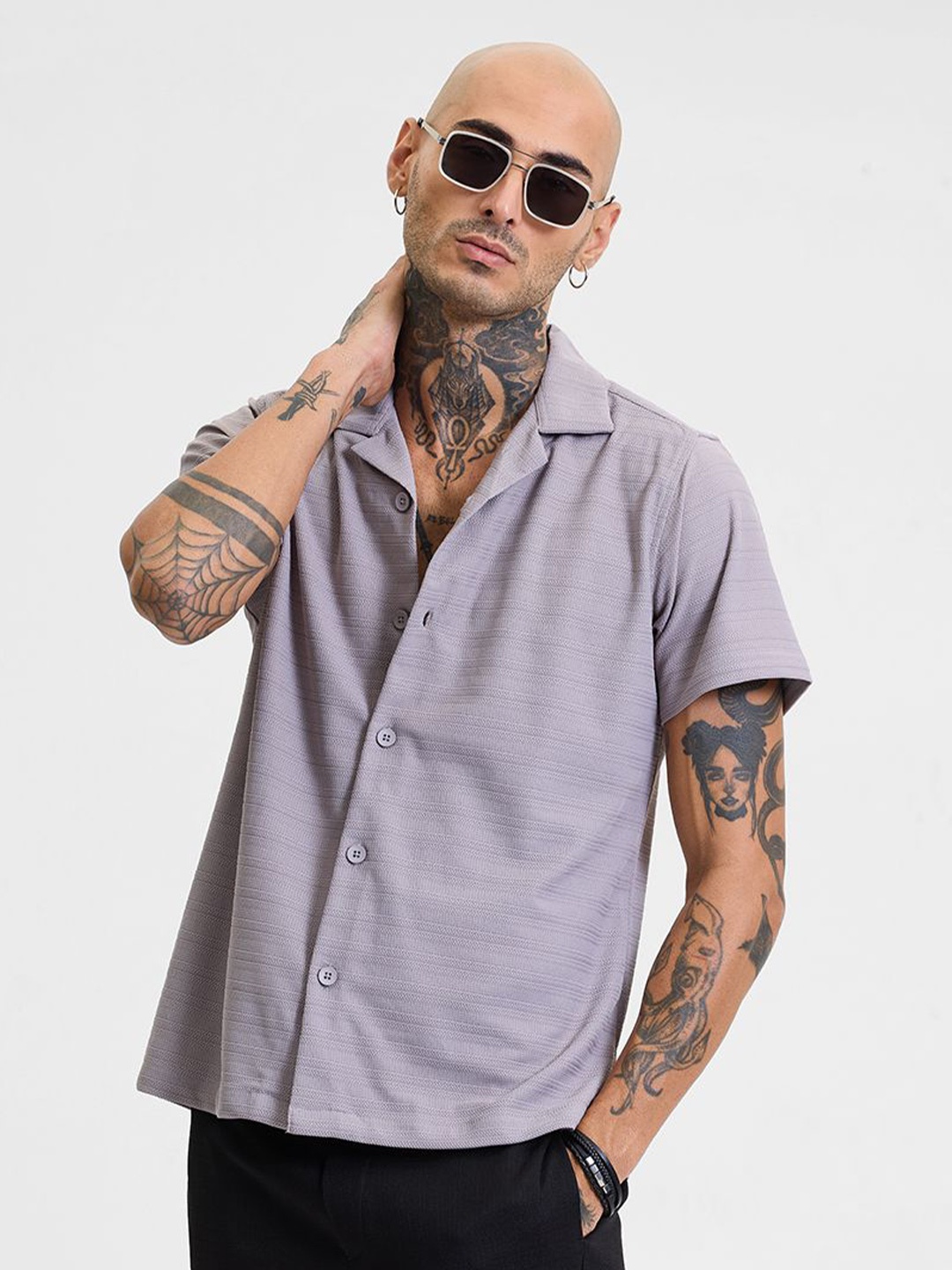 

Snitch Men Relaxed Boxy Horizontal Stripes Opaque Striped Casual Shirt, Lavender