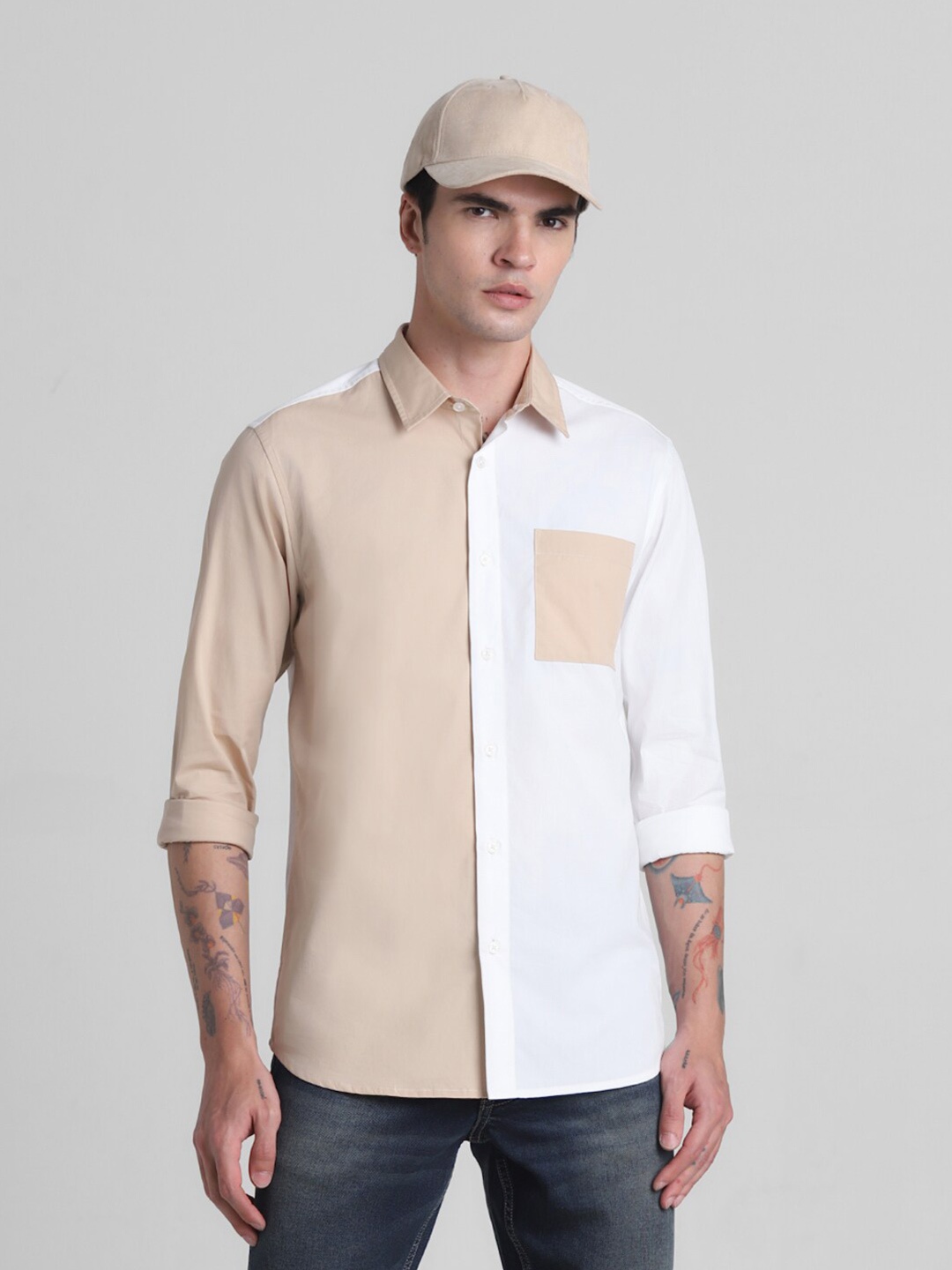 

Jack & Jones Colourblocked Spread Collar Cotton Shirt, Beige