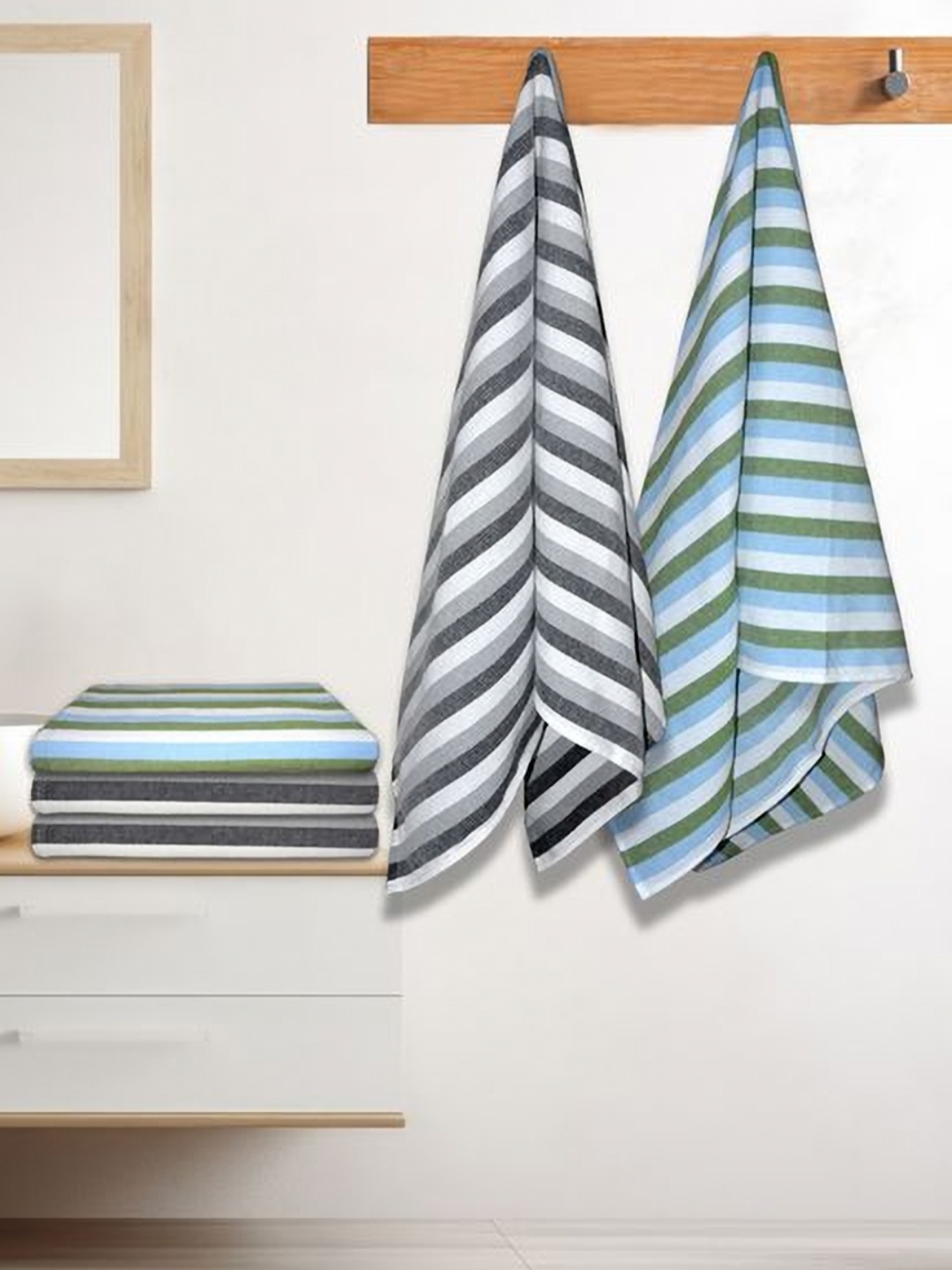 

Athom Living Blue & Green 5 Pieces Striped Cotton 210 GSM Bath Towel