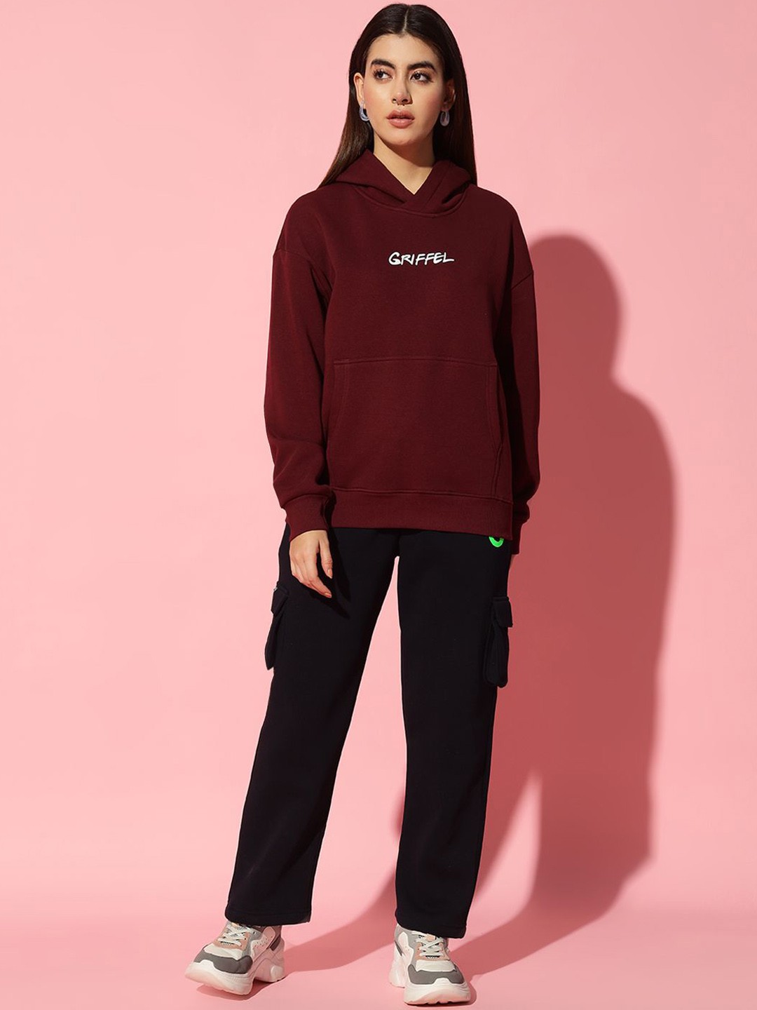 

GRIFFEL Women Printed Pure Cotton Sweatshirt & Trousers Co-Ords, Maroon
