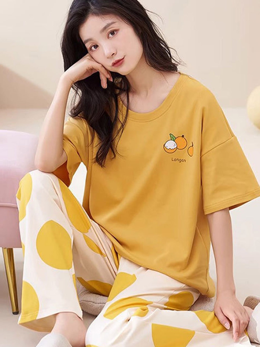

LULU & SKY Women Printed 3Pcs Night suit, Yellow