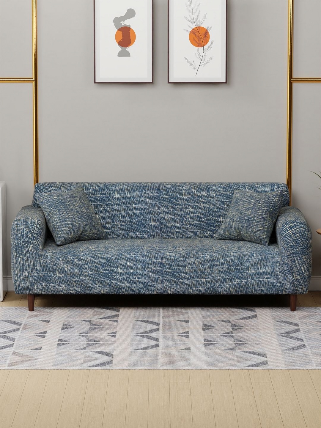 

Myntra Elegant Homes Blue Self Design Three Seater Sofa Cover With 2 Cushion Covers