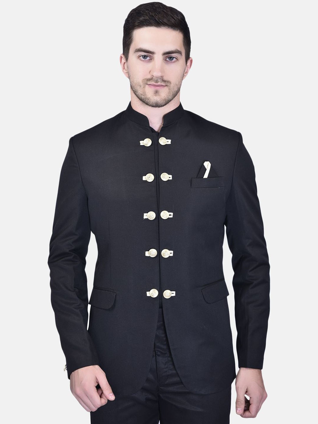 

PRINTINDIA Mandarin Collar Single-Breasted BandhgalaBlazer, Black