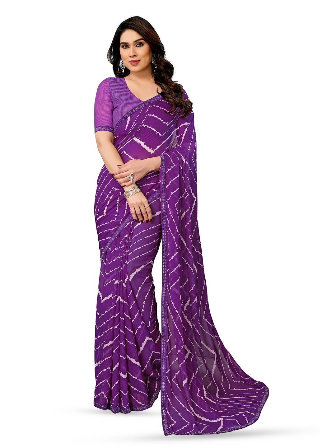 

ANAND SAREES Tie and Dye Beads and Stones Pure Georgette Saree, Purple