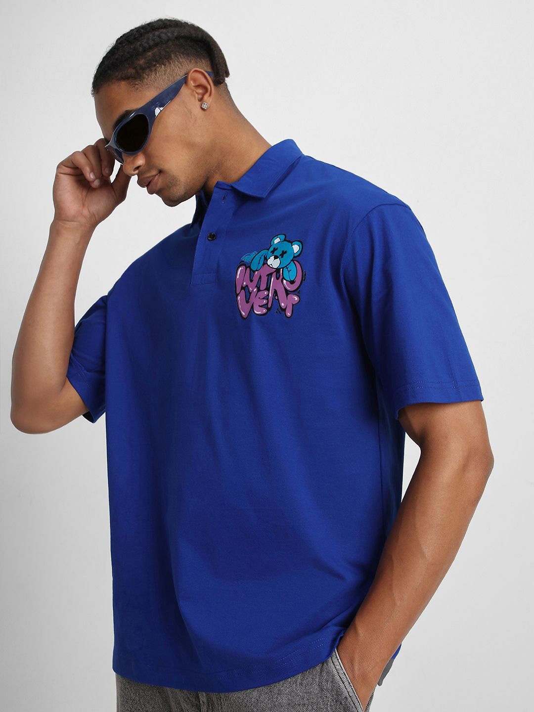 

VEIRDO Men Printed Polo Collar Drop-Shoulder Sleeves Pure Cotton Oversize T-shirt, Blue