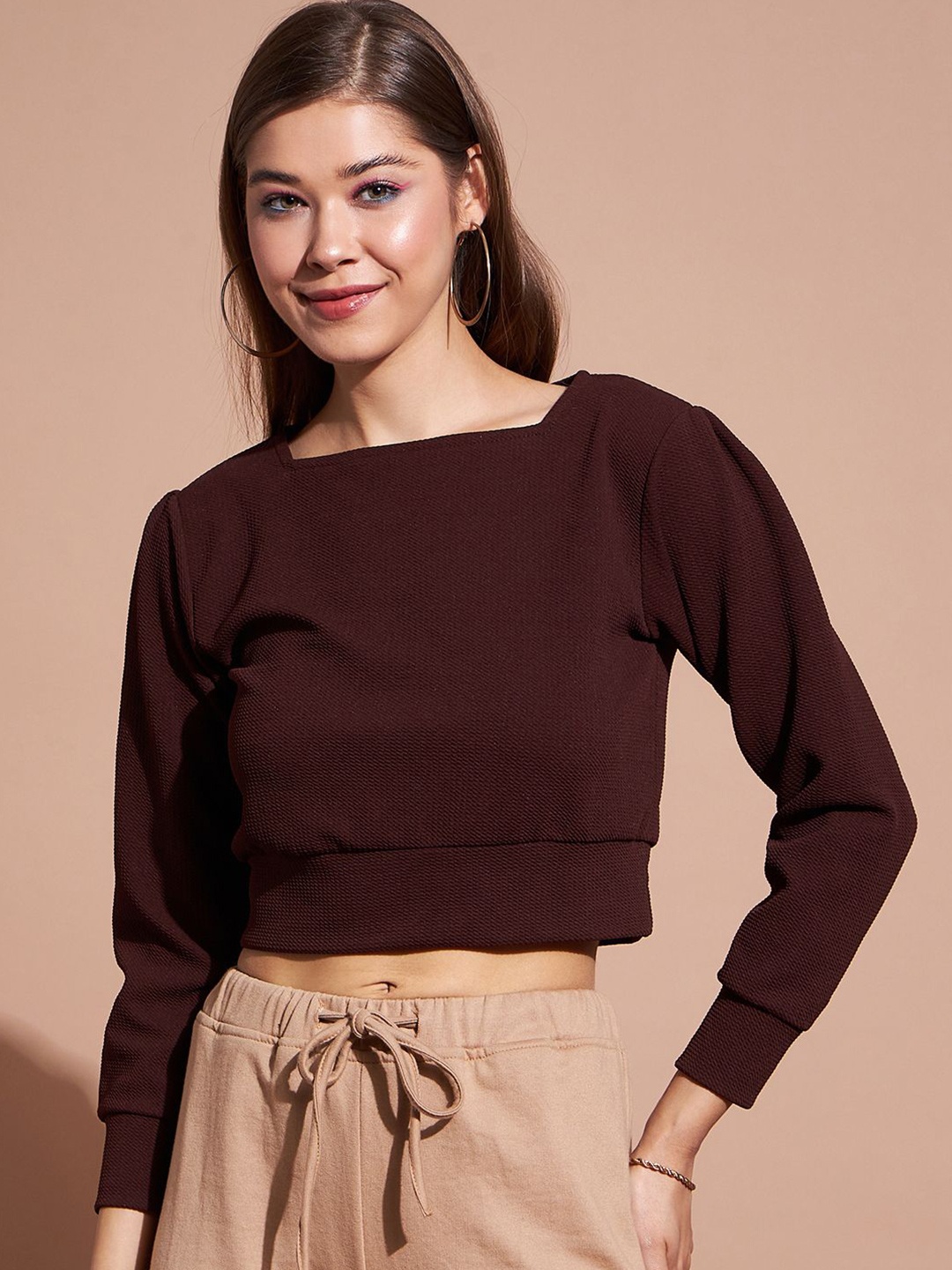 

DressBerry Women Square Neck Crop Top, Brown