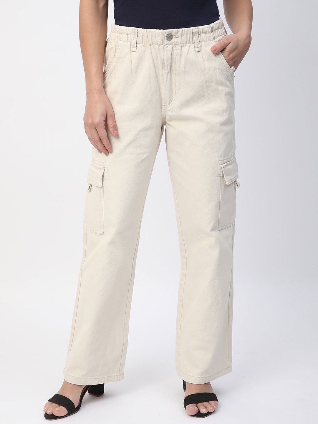 

R&B Women High-Rise Baggy Fit Cargo Styles Jeans, Beige