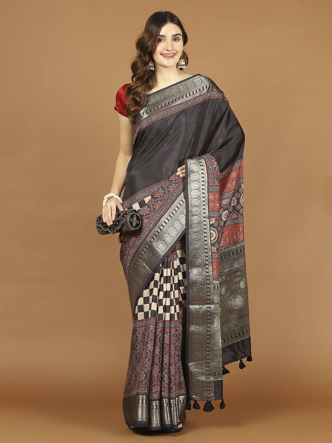

Meena Bazaar Checked Zari Art Silk Saree, Black