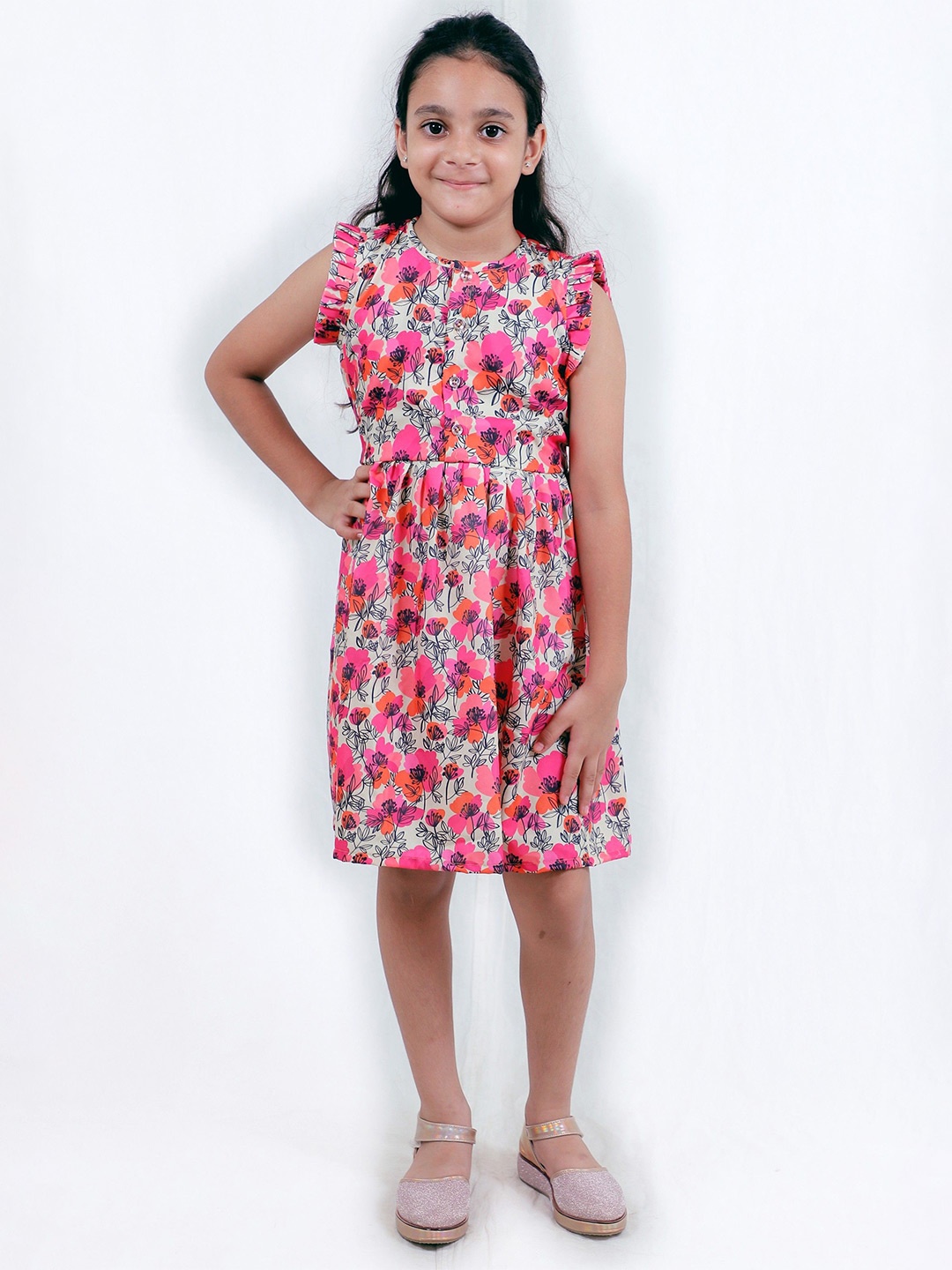 

TILISM Girls Floral Printed Flutter Sleeve Fit & Flare Dress, Pink