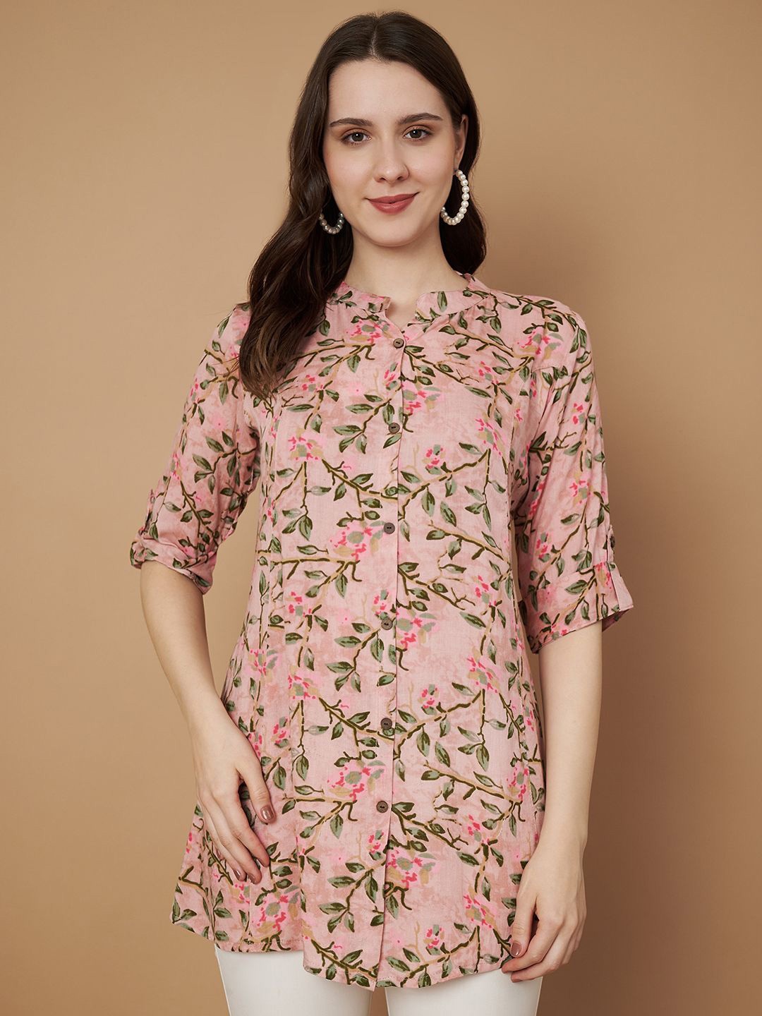

Vastralay Floral Print Mandarin Collar Top, Pink