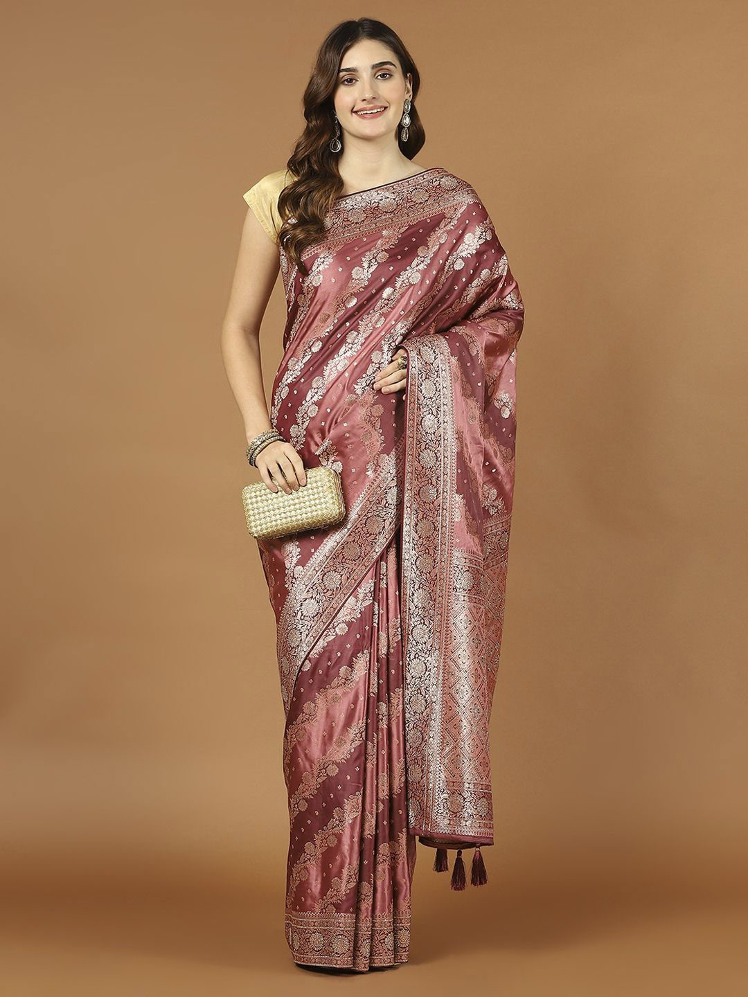 

Meena Bazaar Floral & Ethnic Motifs Woven Satin Saree, Brown