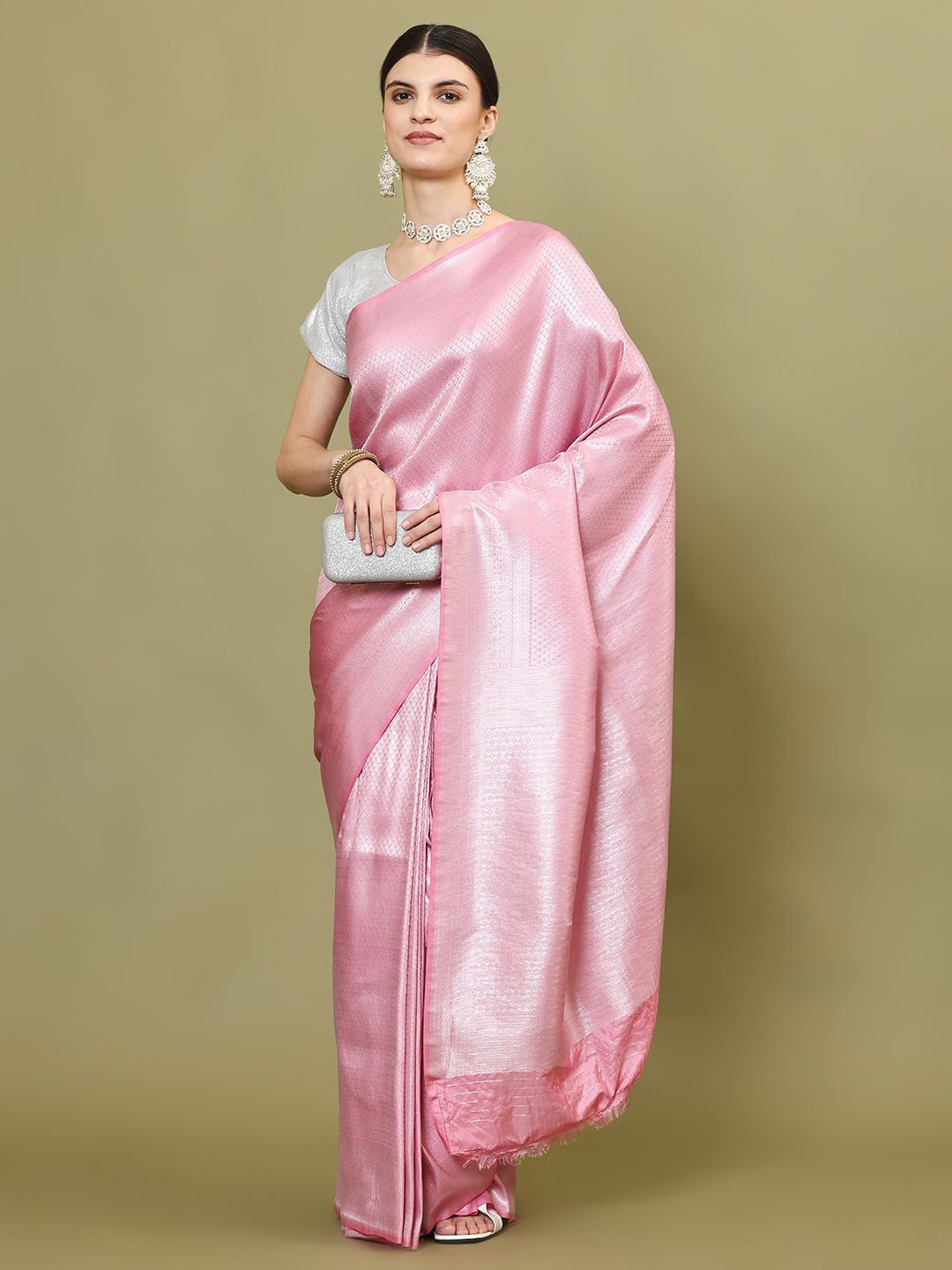 

Meena Bazaar Woven Design Zari Art Silk Saree, Pink