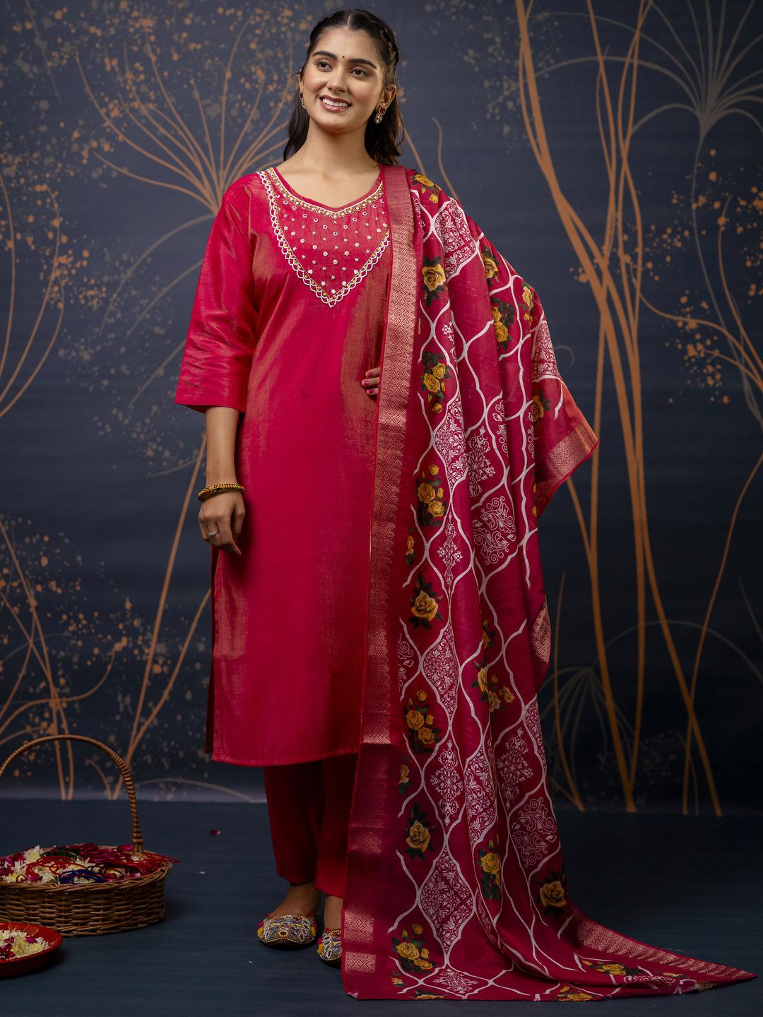 

VredeVogel Women Embroidered Regular Beads and Stones Kurta with Trousers & With Dupatta, Pink