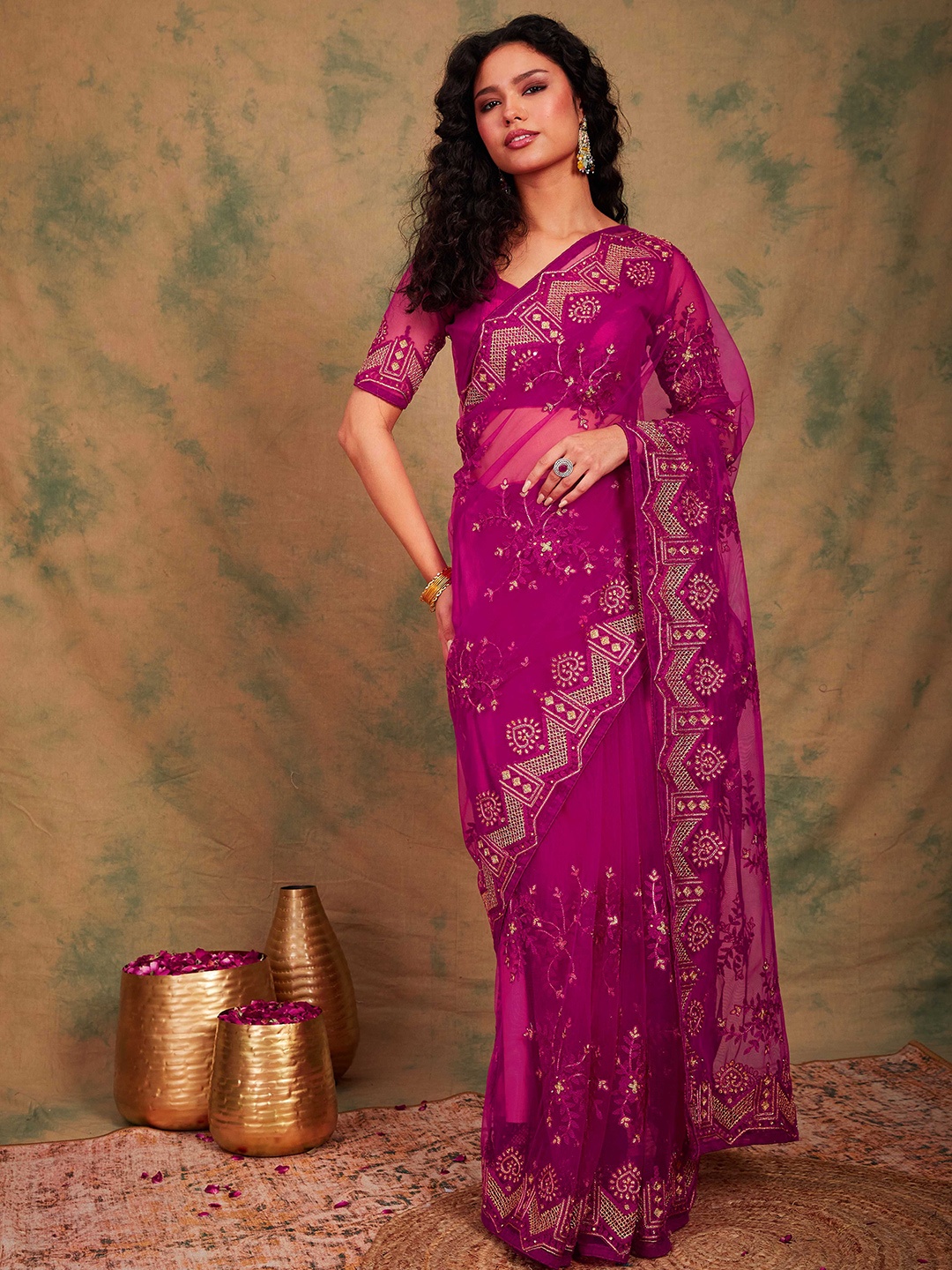 

Suha Embellished Sequinned Supernet Ready to Wear Saree, Pink
