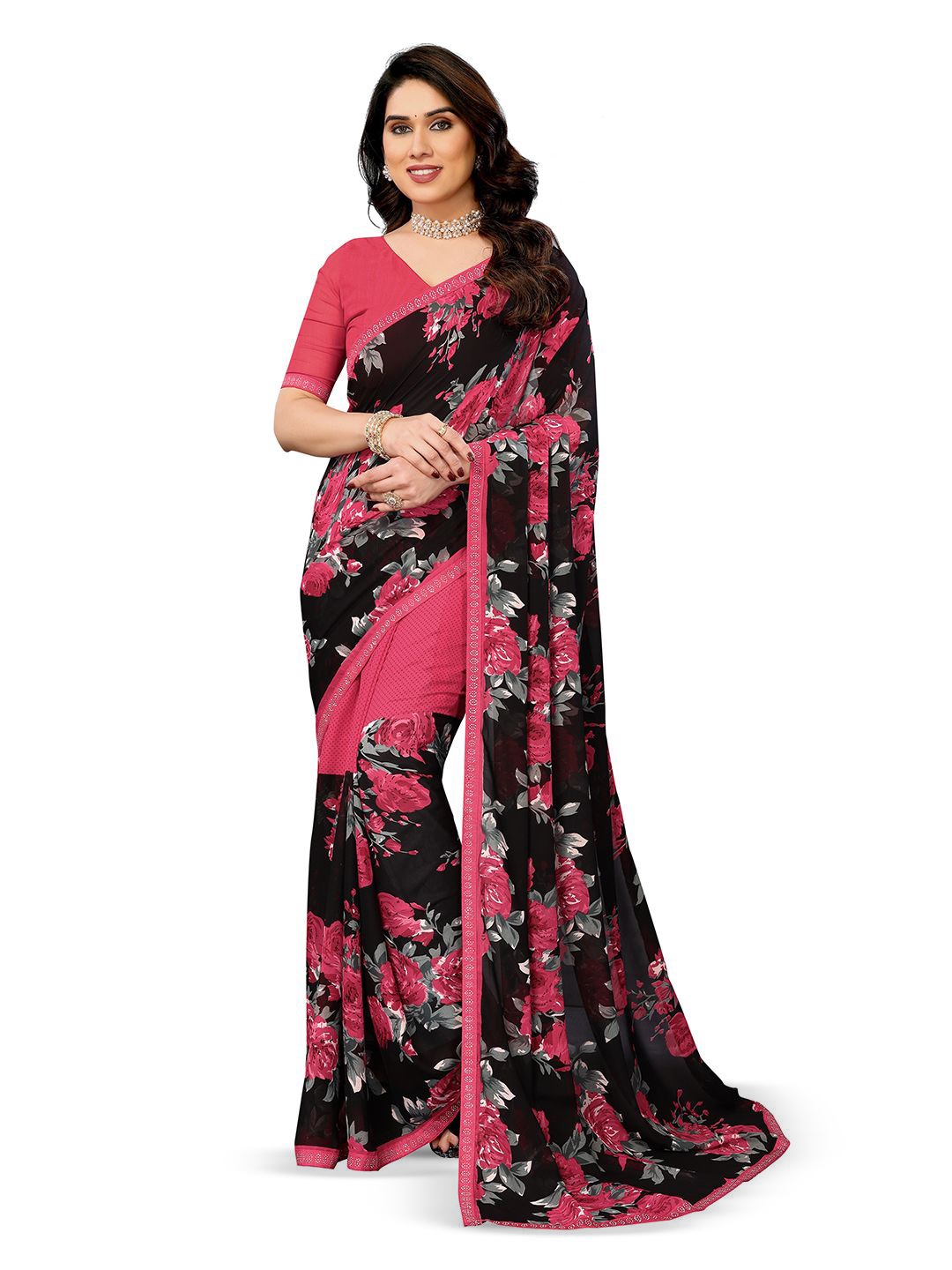 

ANAND SAREES Floral Mukaish Pure Georgette Saree, Black