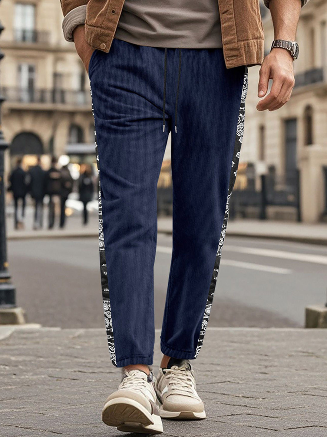 

StyleCast x Revolte Men Ethnic Motifs Printed Easy Wash Trousers, Navy blue