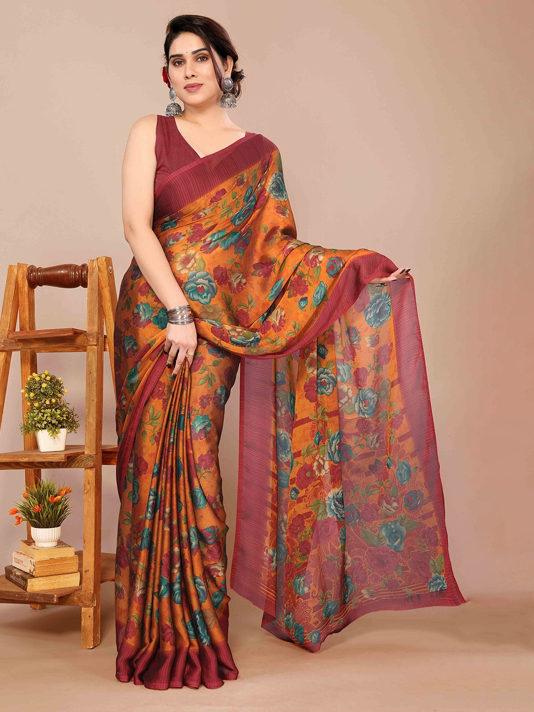 

KALINI Floral Poly Chiffon Saree, Orange