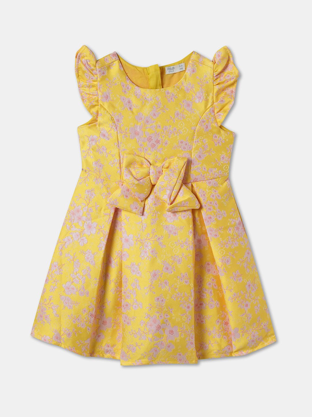 

R&B Girls Floral Printed Accordion Pleats A-Line Dress Comes with a Bow, Yellow