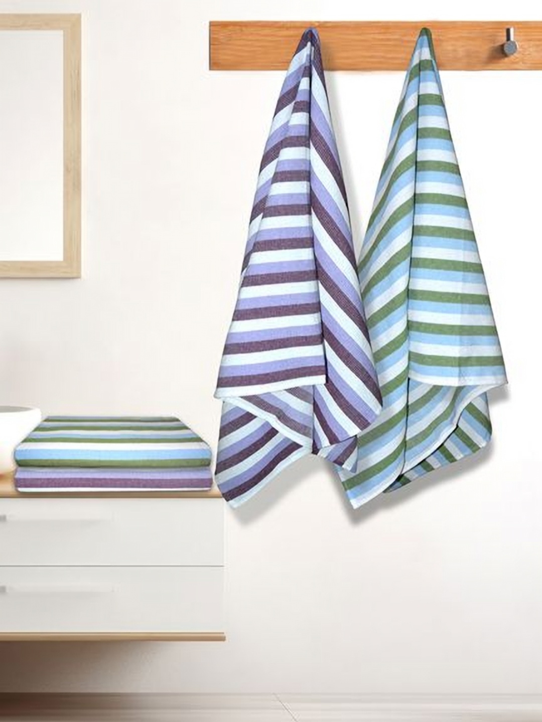 

Athom Living Iris Purple & Green 4 Pieces Striped Cotton 210 GSM Bath Towel