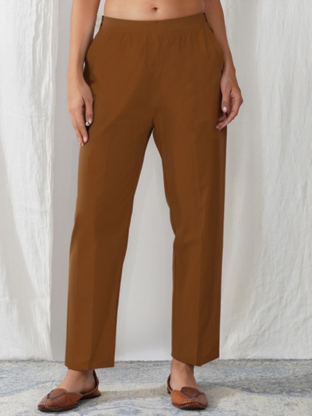 

zuri Women Cotton Relaxed Straight Leg Trousers, Tan
