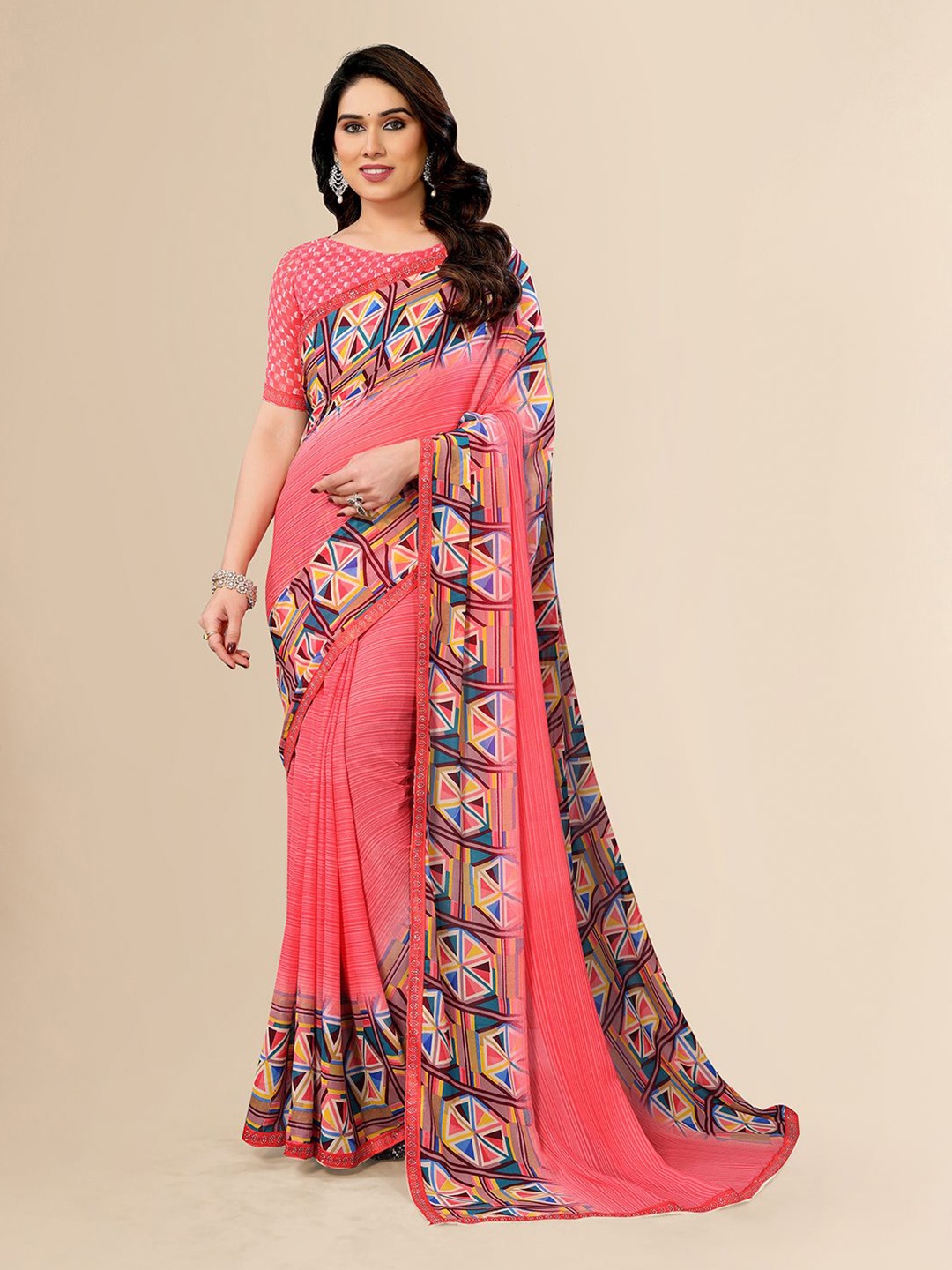 

ANAND SAREES Beads and Stones Pure Georgette Saree, Pink