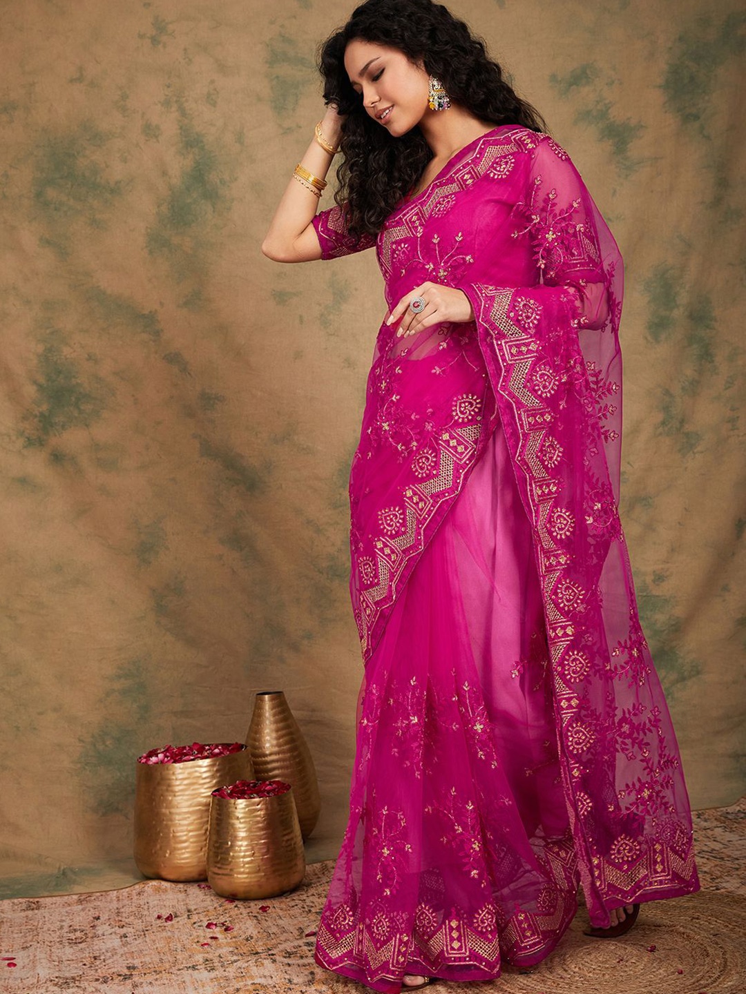 

Suha Embellished Zardozi Supernet Saree, Pink